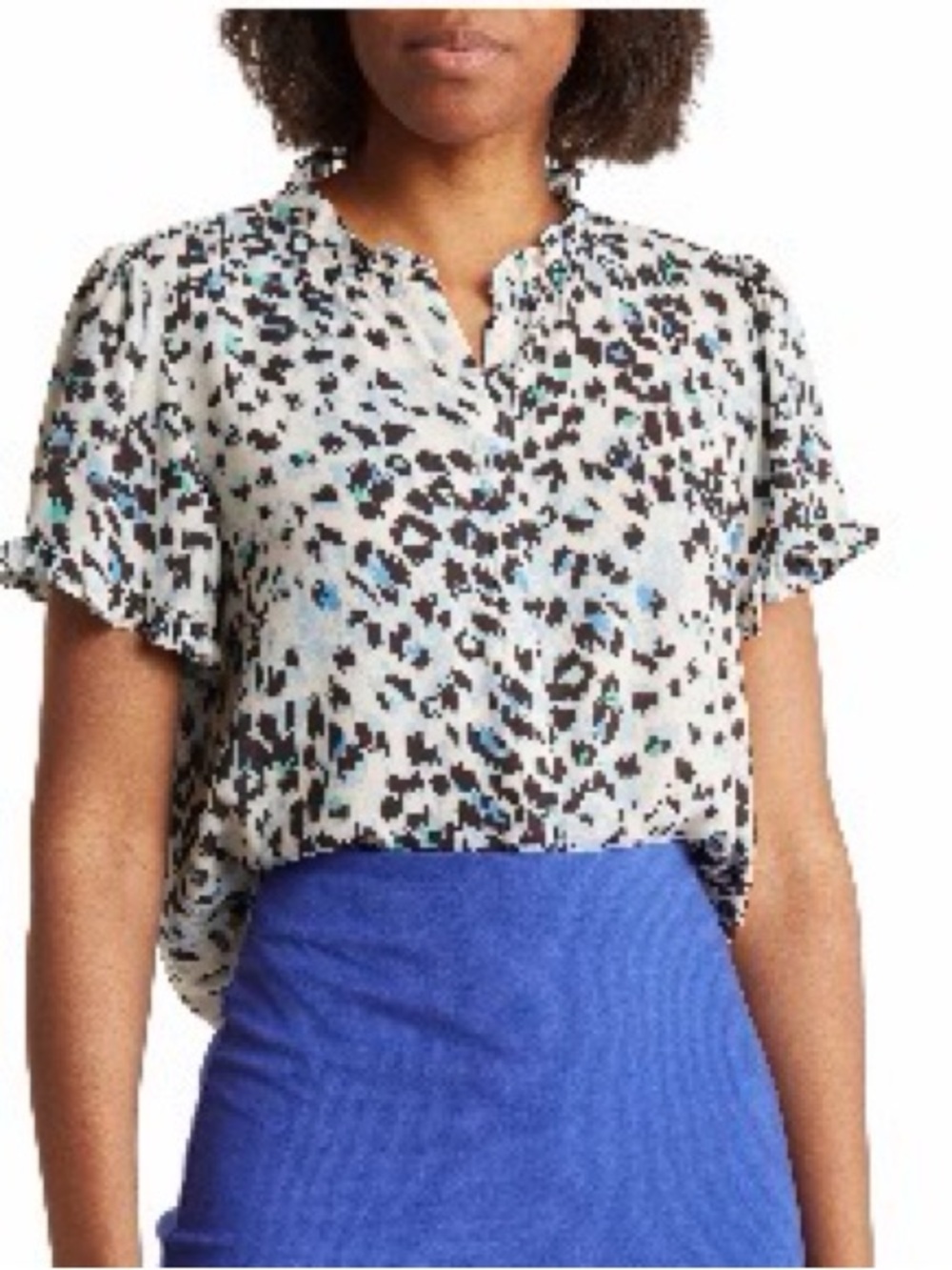 T Tahari Cream Animal-Print Short Sleeve Blouse with Teal Accents